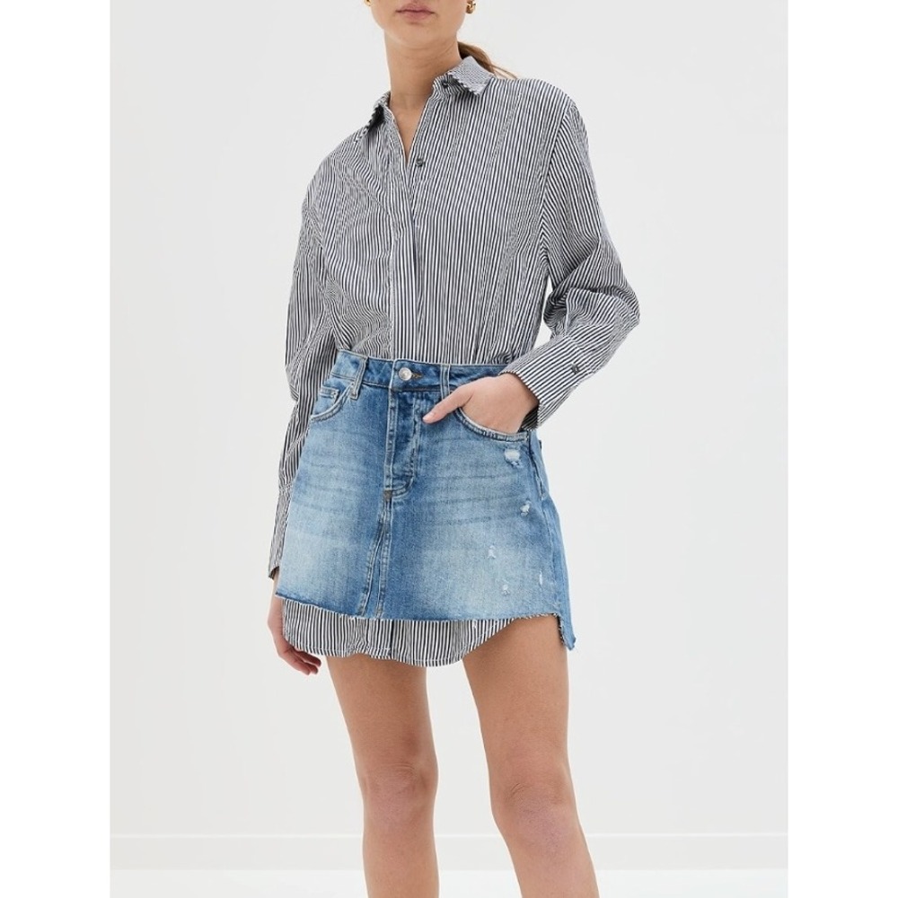 SIMKHAI Eastyn Long Sleeve Denim Combo Mini Dress in Midnight Stripe 2